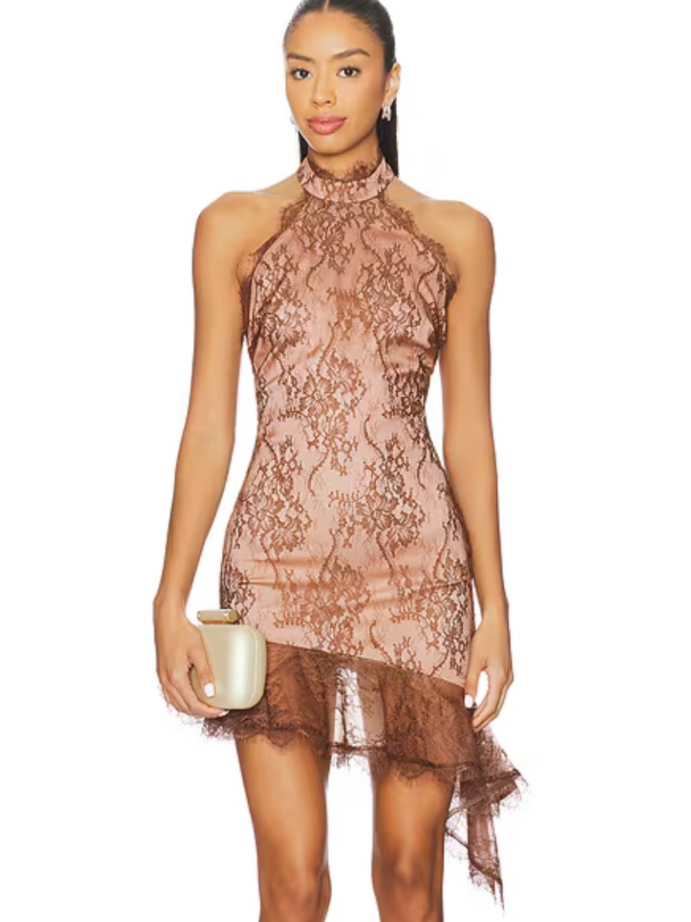 Retrofete Raquelle Lace Dress Espresso High-Neck Asymmetric Hem Mini Revolve S